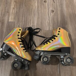 Holographic Gold Roller Skates